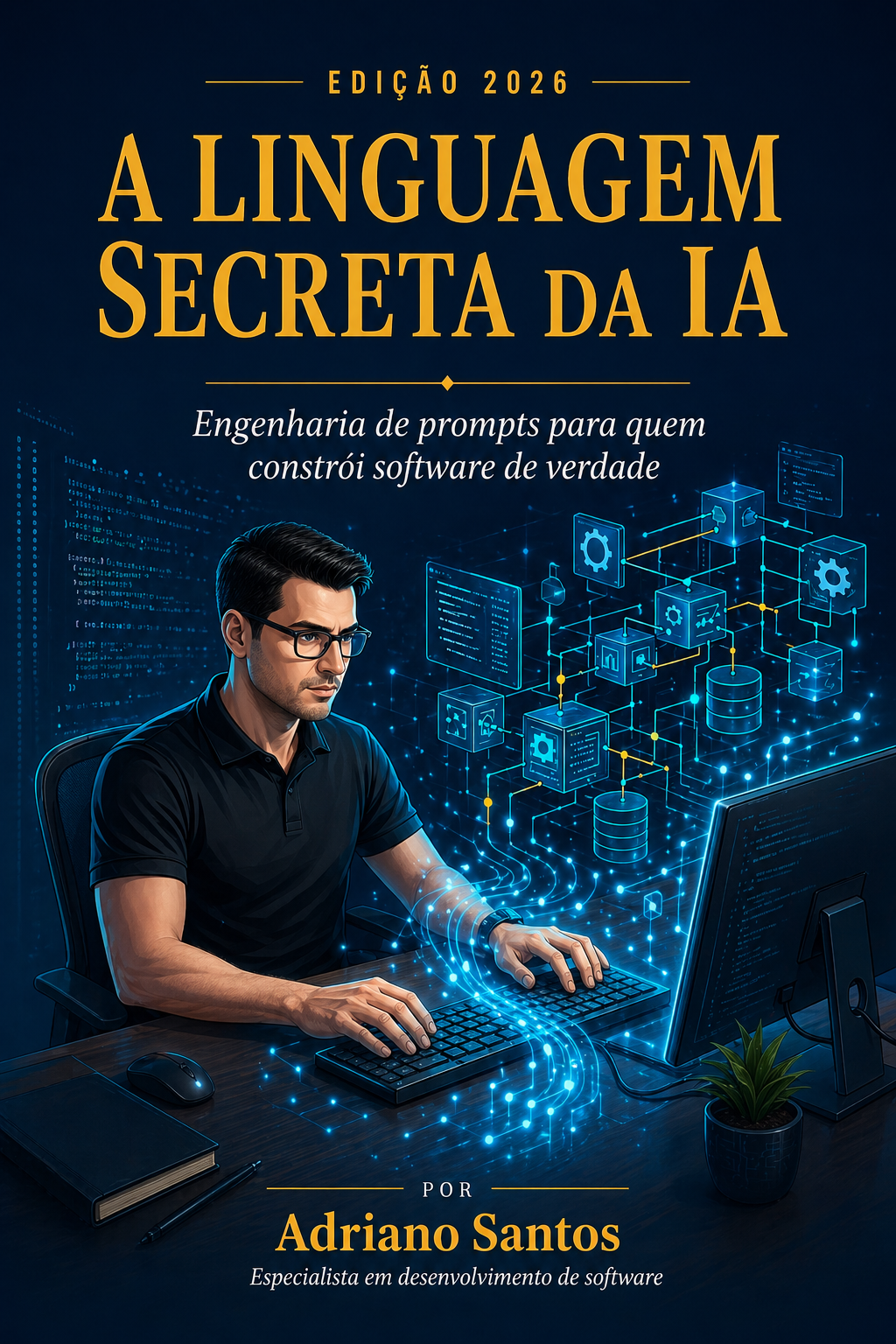 Capa do livro A Linguagem Secreta da IA — Engenharia de prompts para quem constrói software de verdade, por Adriano Santos